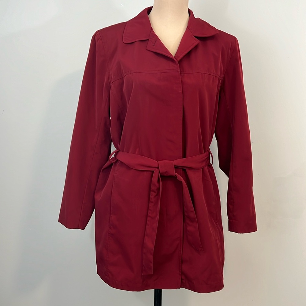 London Fog Deep Wine Merlot Maroon Full Zip Belted‎ Knee Length Trench Large